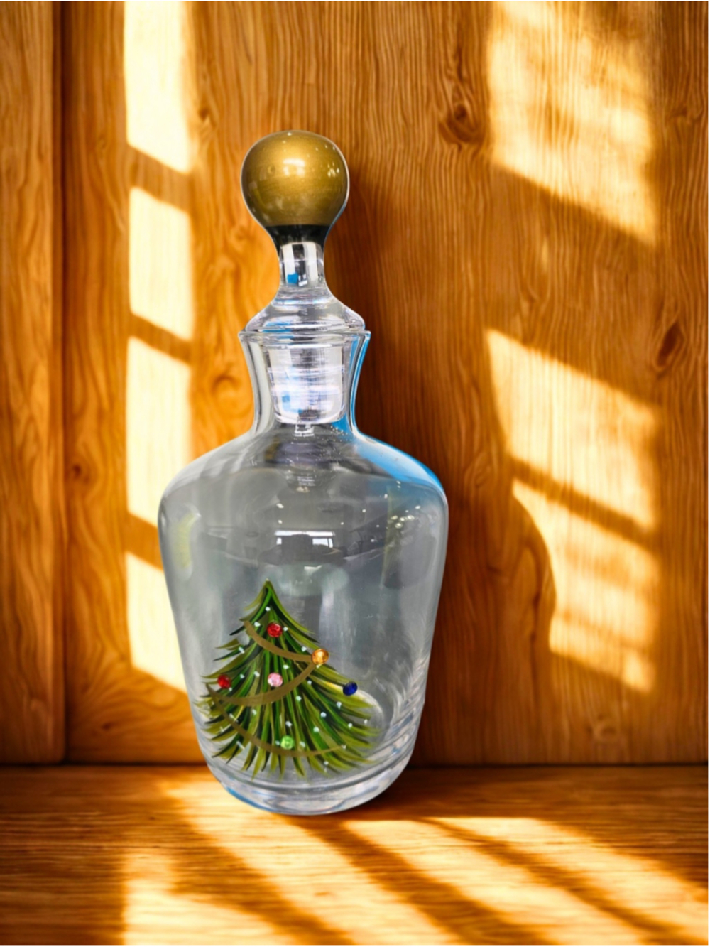Spode Christmas Tree glass decanter, featuring a painted festive tree, Rhinoston